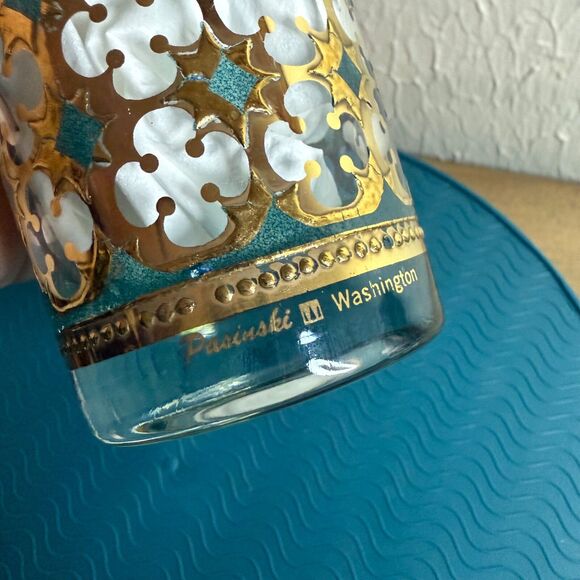 Set Of 3 Vtg MCM Pasinski Washington Highball Glasses 22k Gold & Turquoise EUVC - Picture 3 of 14